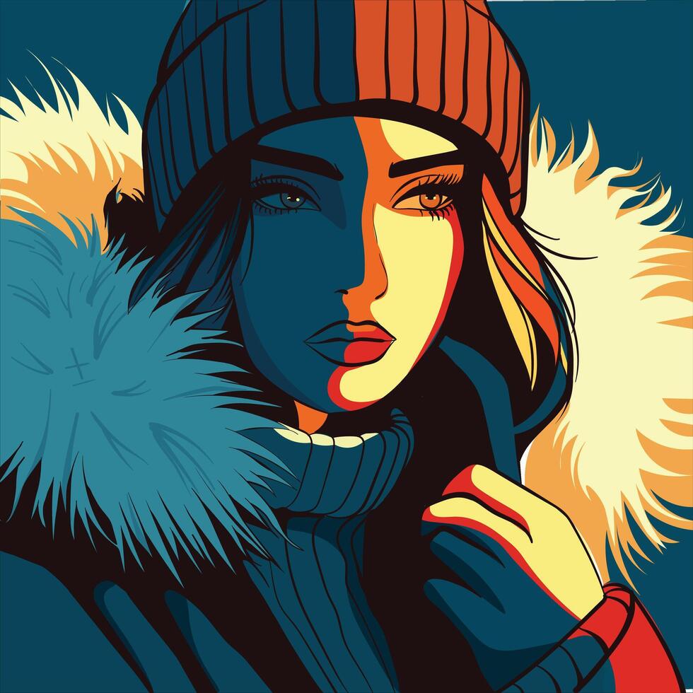 Closeup illustration of a woman in winter clothes at golden hour. Cold girl with a beanie and furry coat under bold sunlight and interesting blue shadows. vector