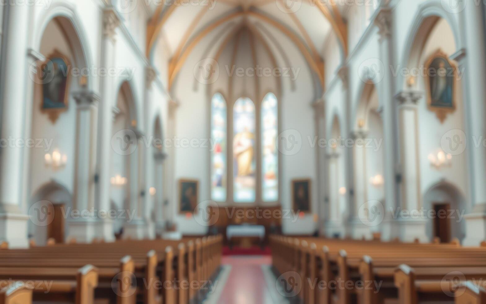 Interior of an elegant church featuring wood pews and stained glass windows during a daytime service photo