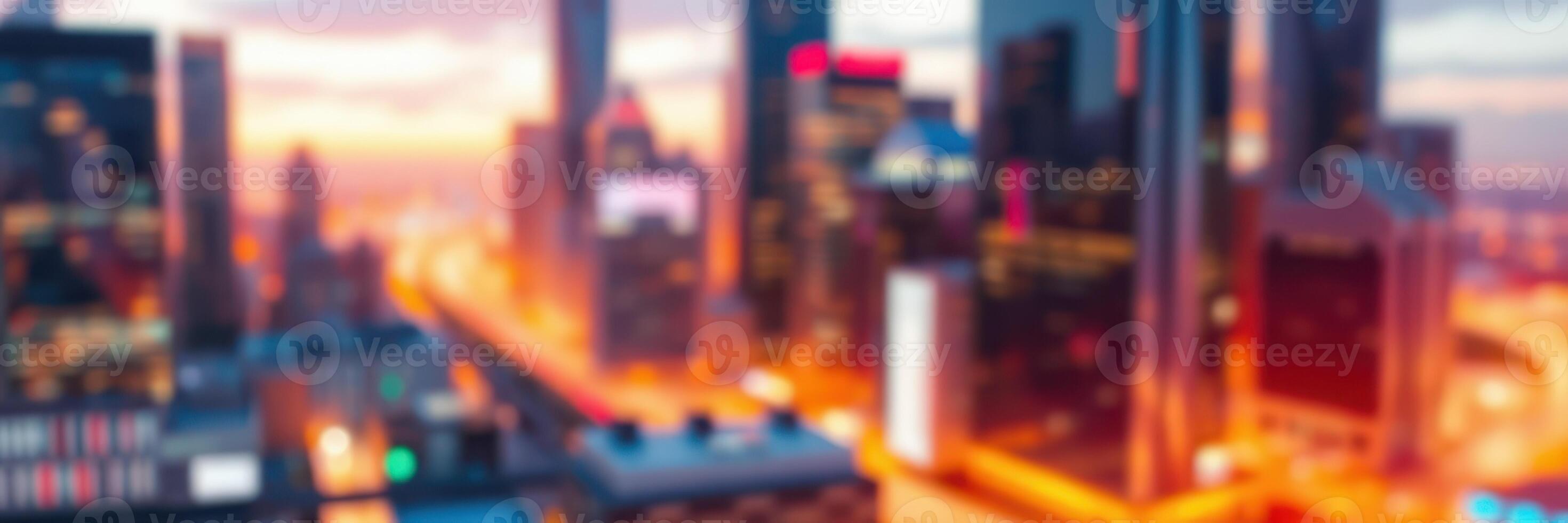 City skyline at dusk showing blurred buildings with city lights illuminating the streets below photo