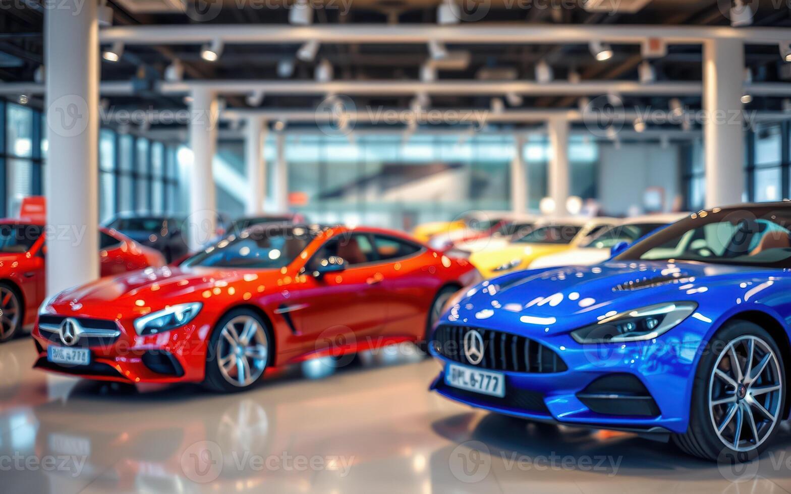 Brightly colored luxury sports cars showcased in a modern showroom with sleek lighting and an attractive display arrangement photo
