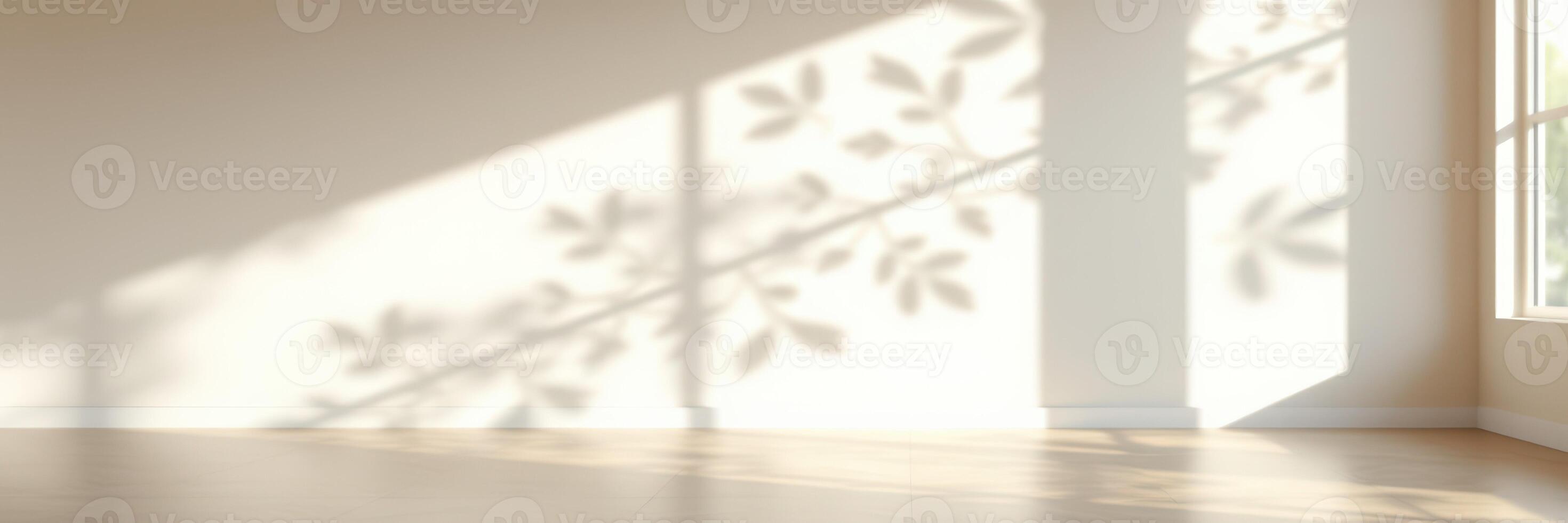 Light and shadow play in an empty room with leaf patterns on the wall photo