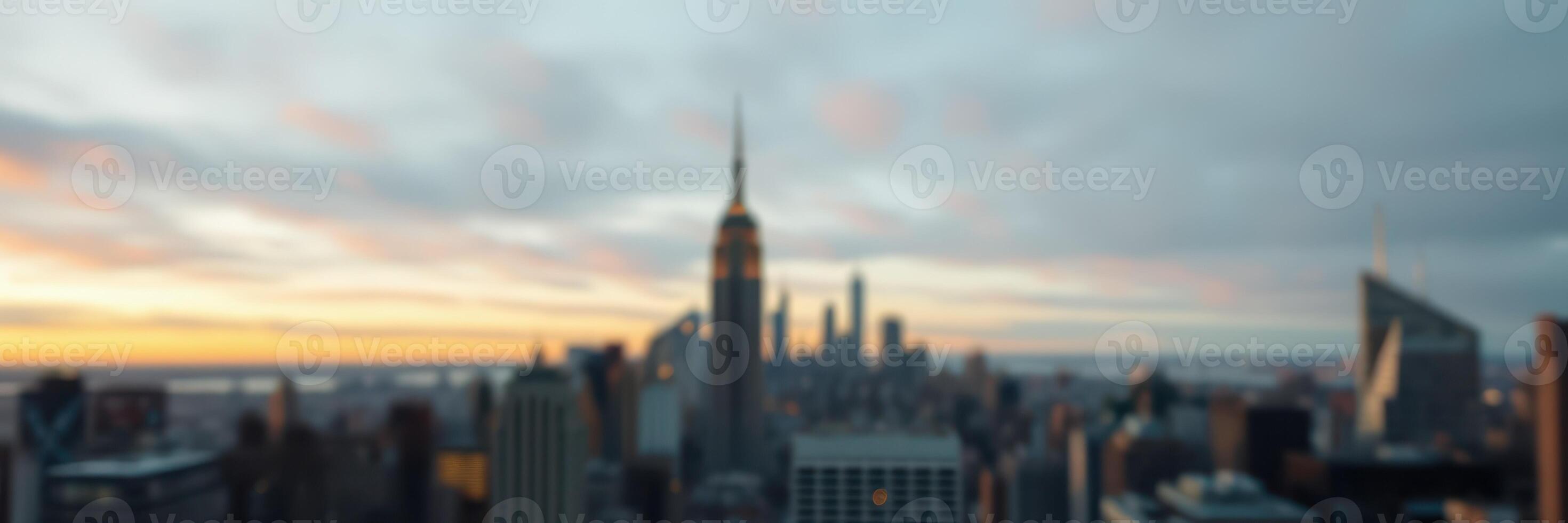 Sunset skyline view over a bustling city featuring iconic buildings and warm hues in the sky photo