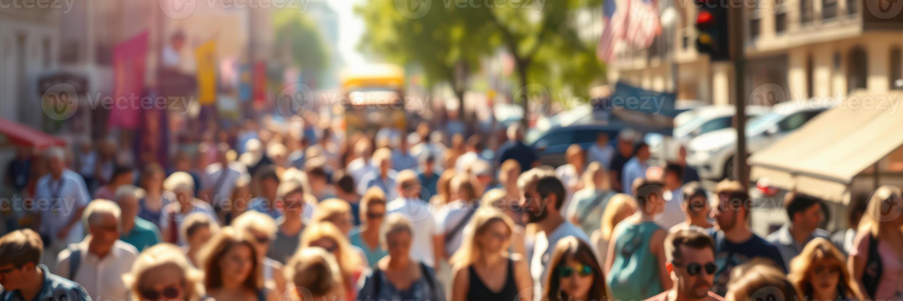 Crowd of people walking through a busy city street during daylight with trees lining the road photo