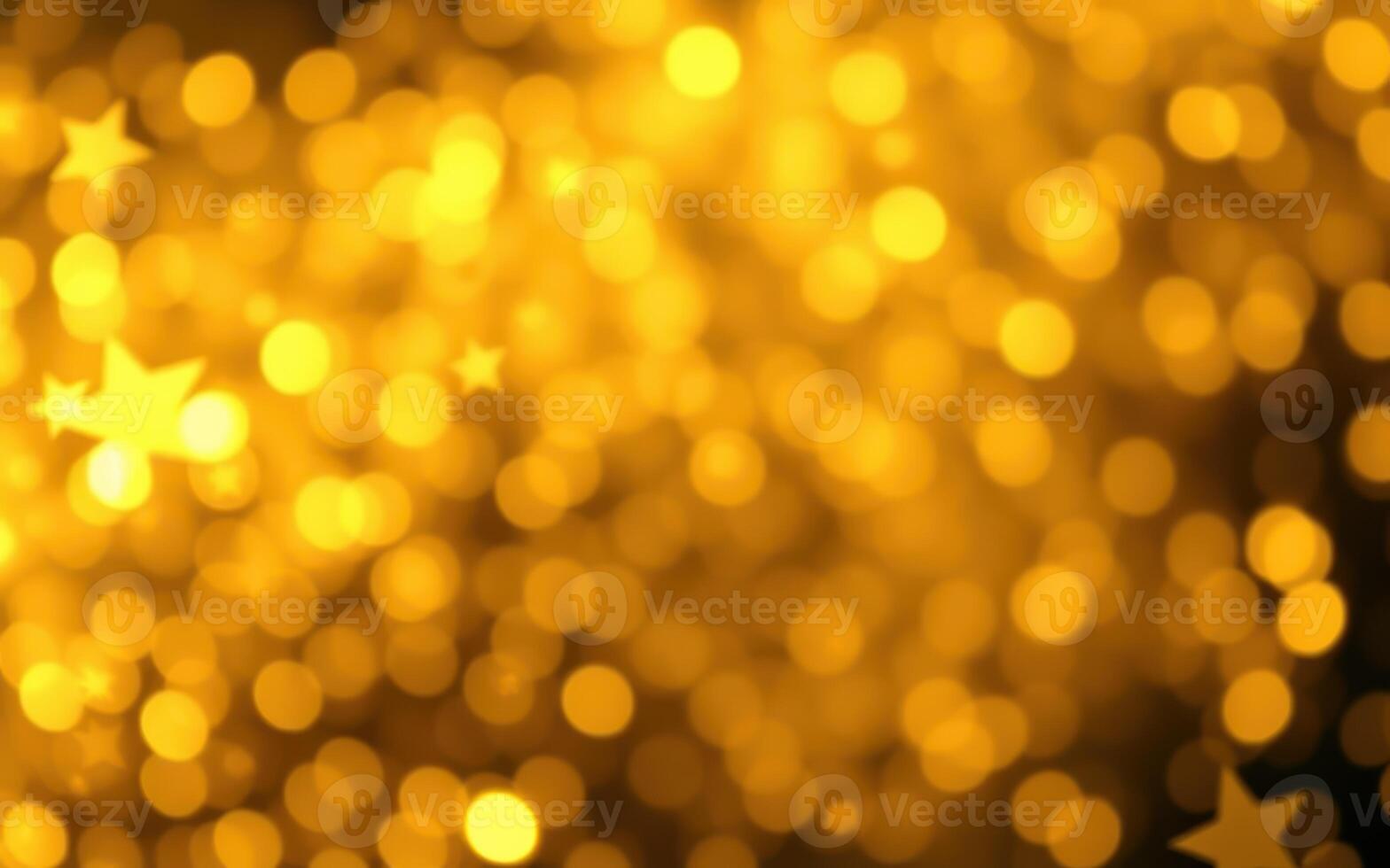 Golden bokeh background with star shapes created by lights in a festive atmosphere photo