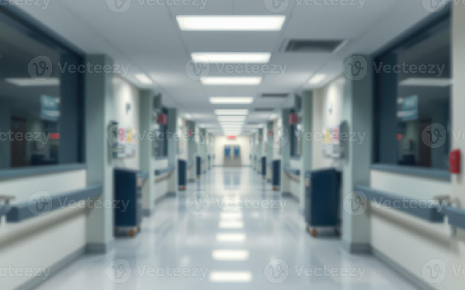 Long, empty hospital corridor with bright fluorescent lights illuminating the sterile environment during daytime hours photo
