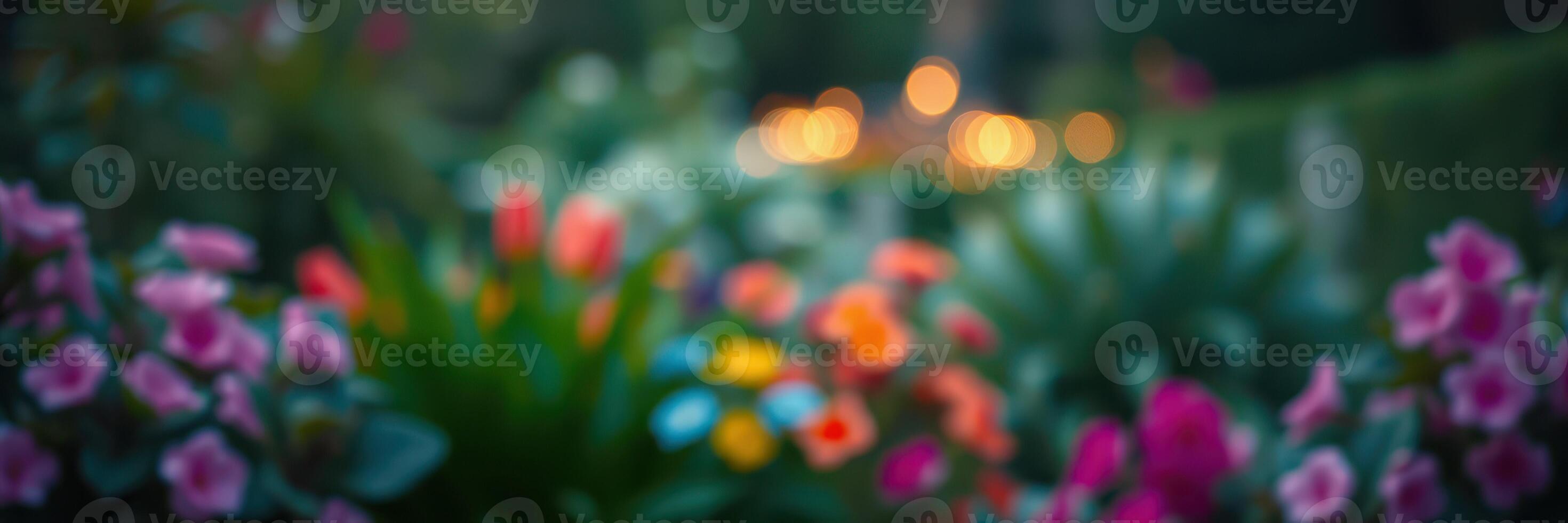 Vibrant garden blooms create a colorful backdrop at dusk with glowing lights photo