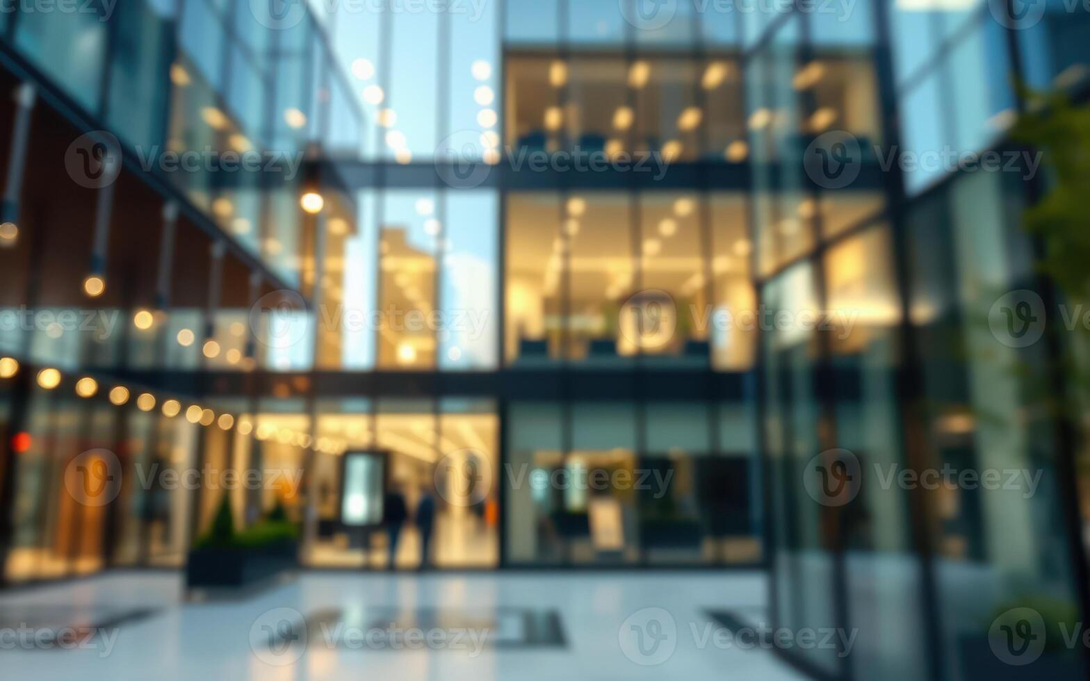 Modern architectural design of a glass building with busy atmosphere during late afternoon hours photo