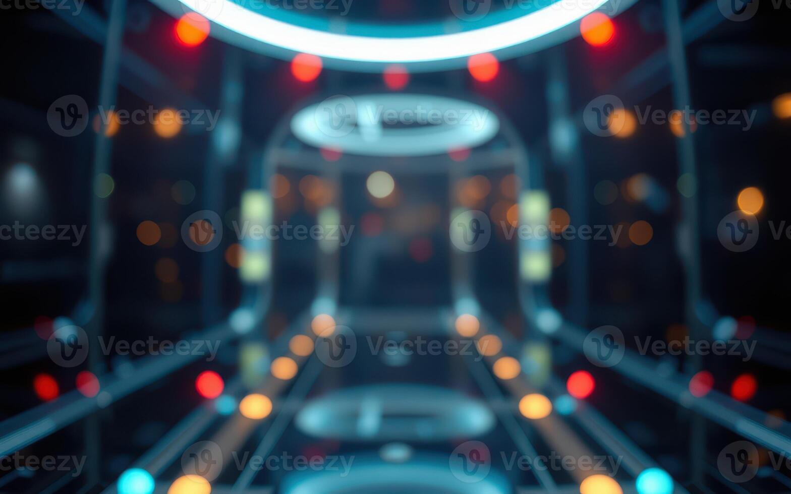 Futuristic illuminated corridor with abstract design and glowing lights at night photo