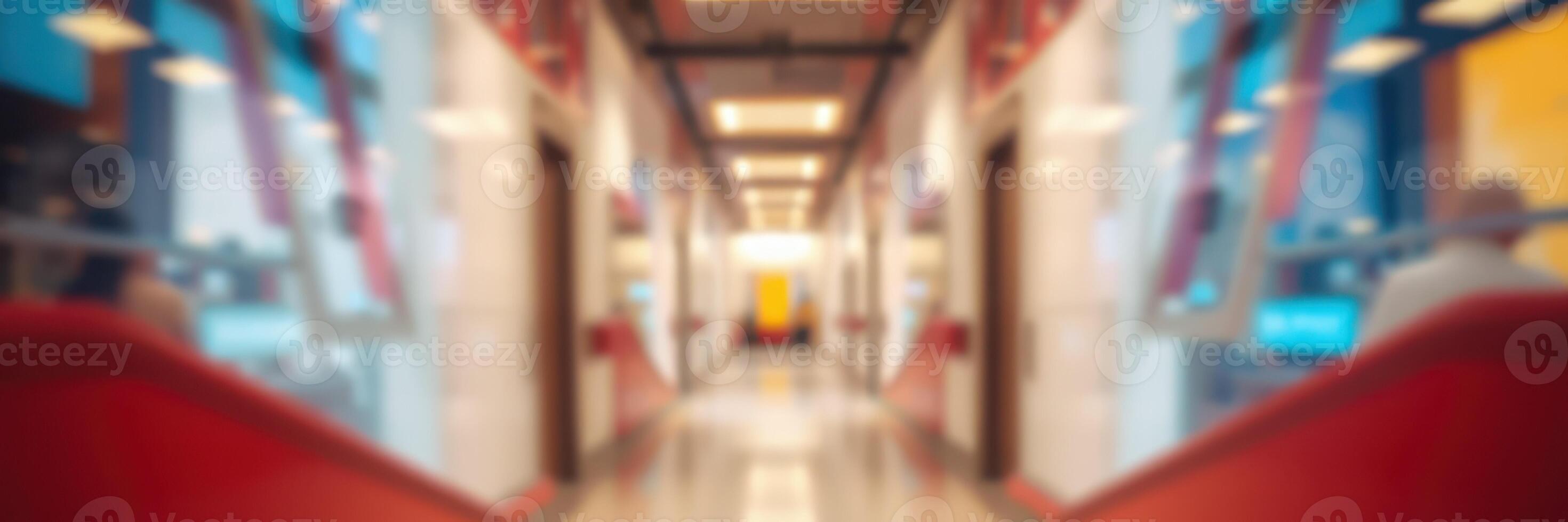 Brightly lit corridor in a modern building showcasing contemporary design elements and vibrant colors photo