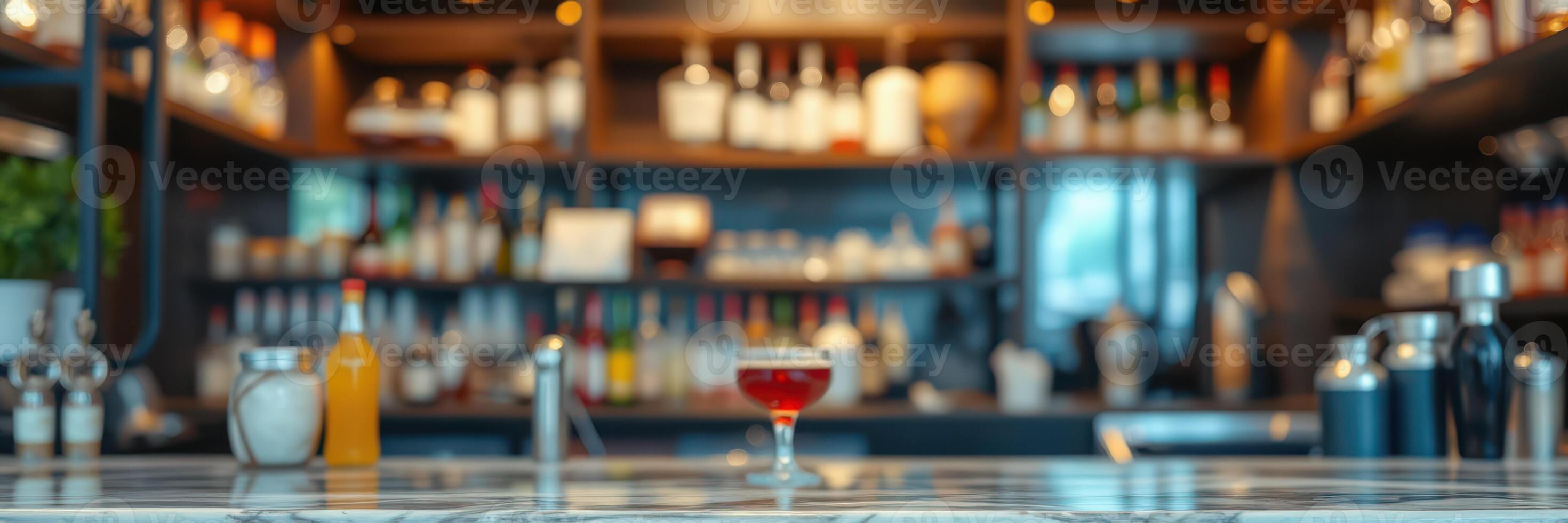 Classic cocktail served on a bar counter in a stylish urban lounge with a well-stocked background photo
