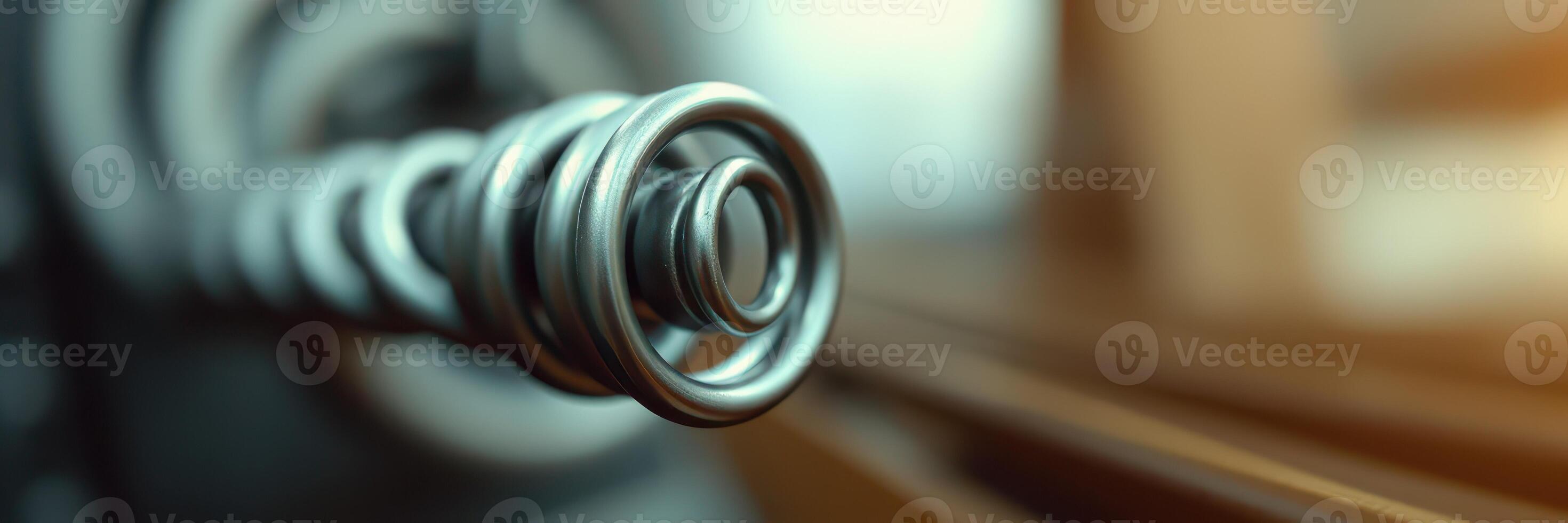 Close-up of metallic spring coil showcasing detail and texture in a workshop environment during daylight hours photo
