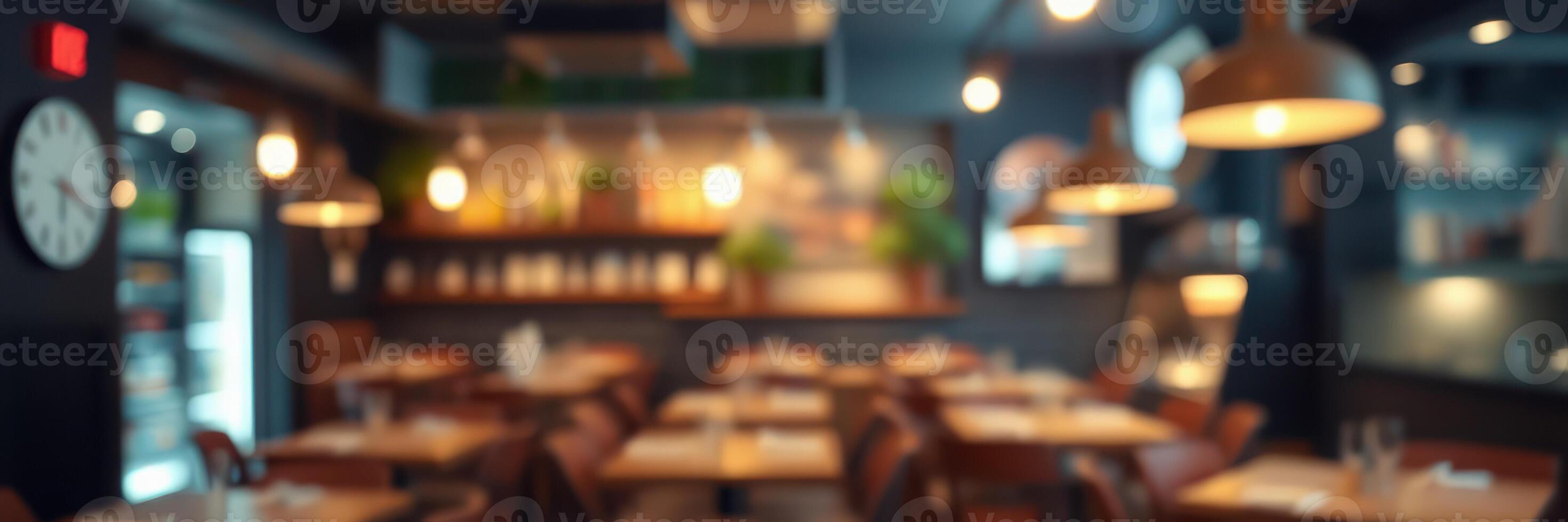 Warmly lit restaurant interior with wooden tables and cozy atmosphere during evening hours photo