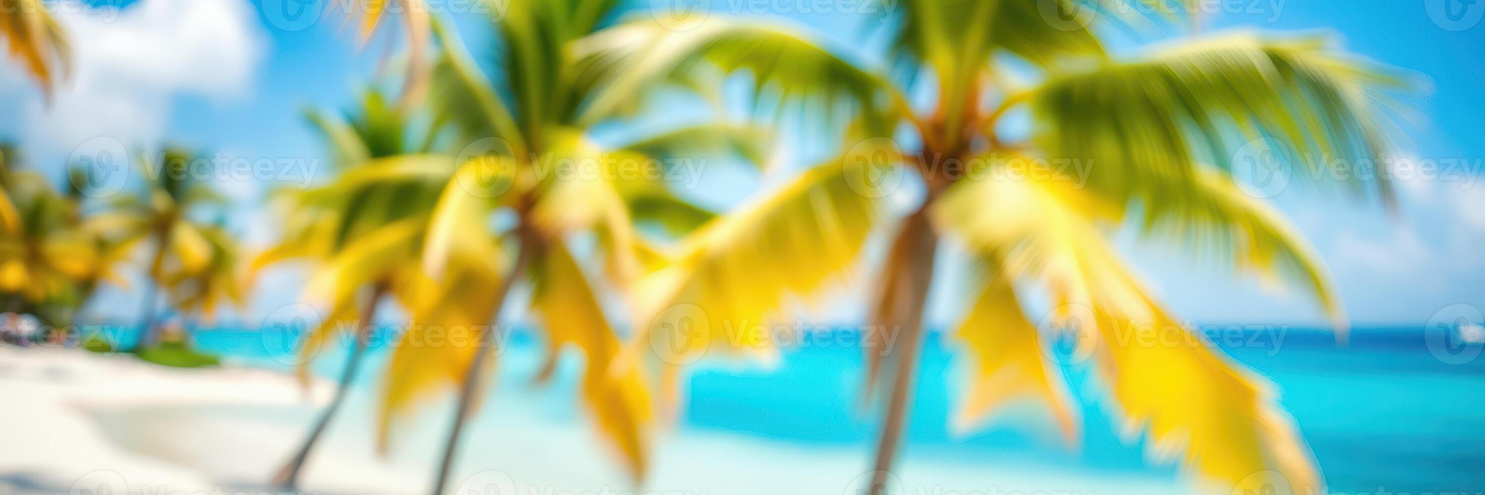 Vibrant tropical beach with swaying palm trees on a sunny day by clear blue waters photo