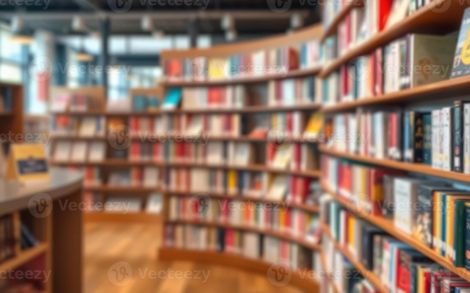 Cozy interior of a modern library featuring shelves filled with various books photo