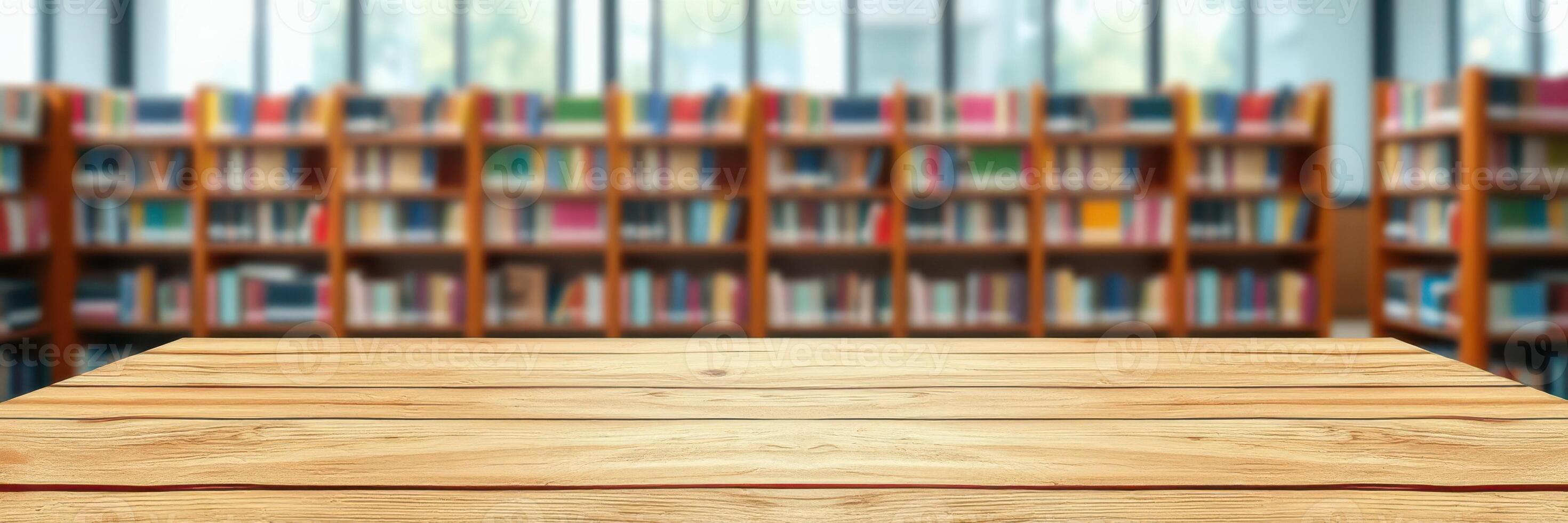 Wooden table in a library with rows of bookshelves filled with books in the background during daylight photo