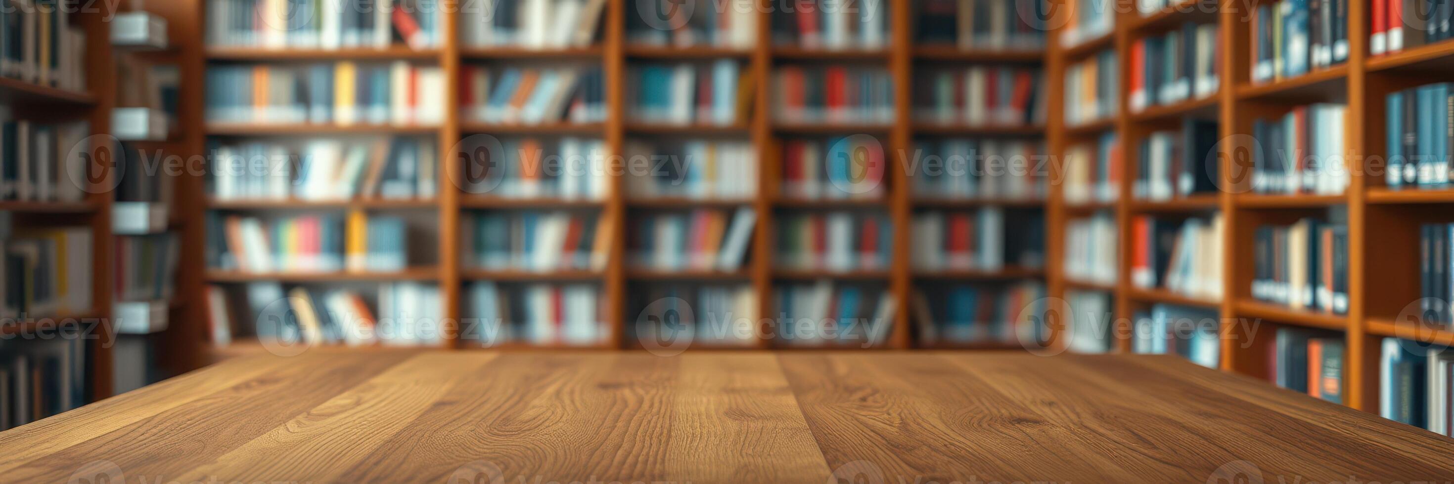 Shelves filled with books create a warm atmosphere in a cozy library setting with a wooden table photo