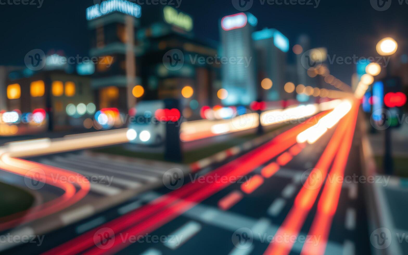 Evening traffic flow with illuminated buildings and moving vehicles in a bustling urban setting photo