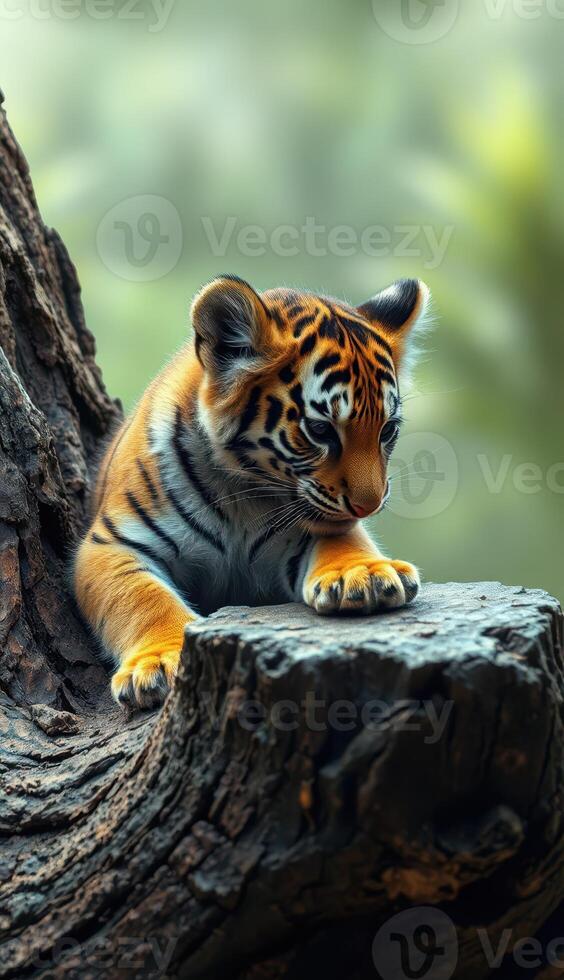 Playful tiger cub exploring a tree trunk in a lush forest setting during daytime hours photo