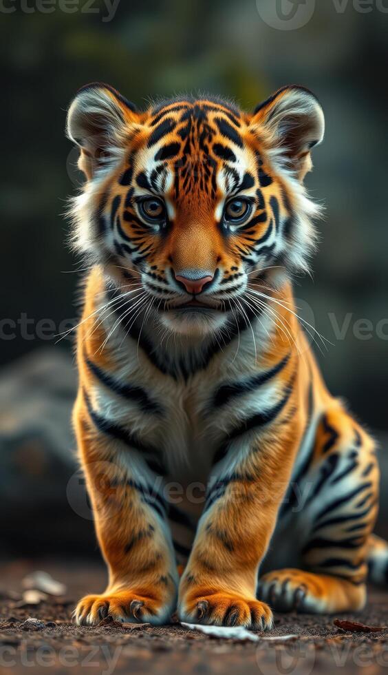 Young tiger sits on the ground looking intently at the viewer in a natural habitat setting photo