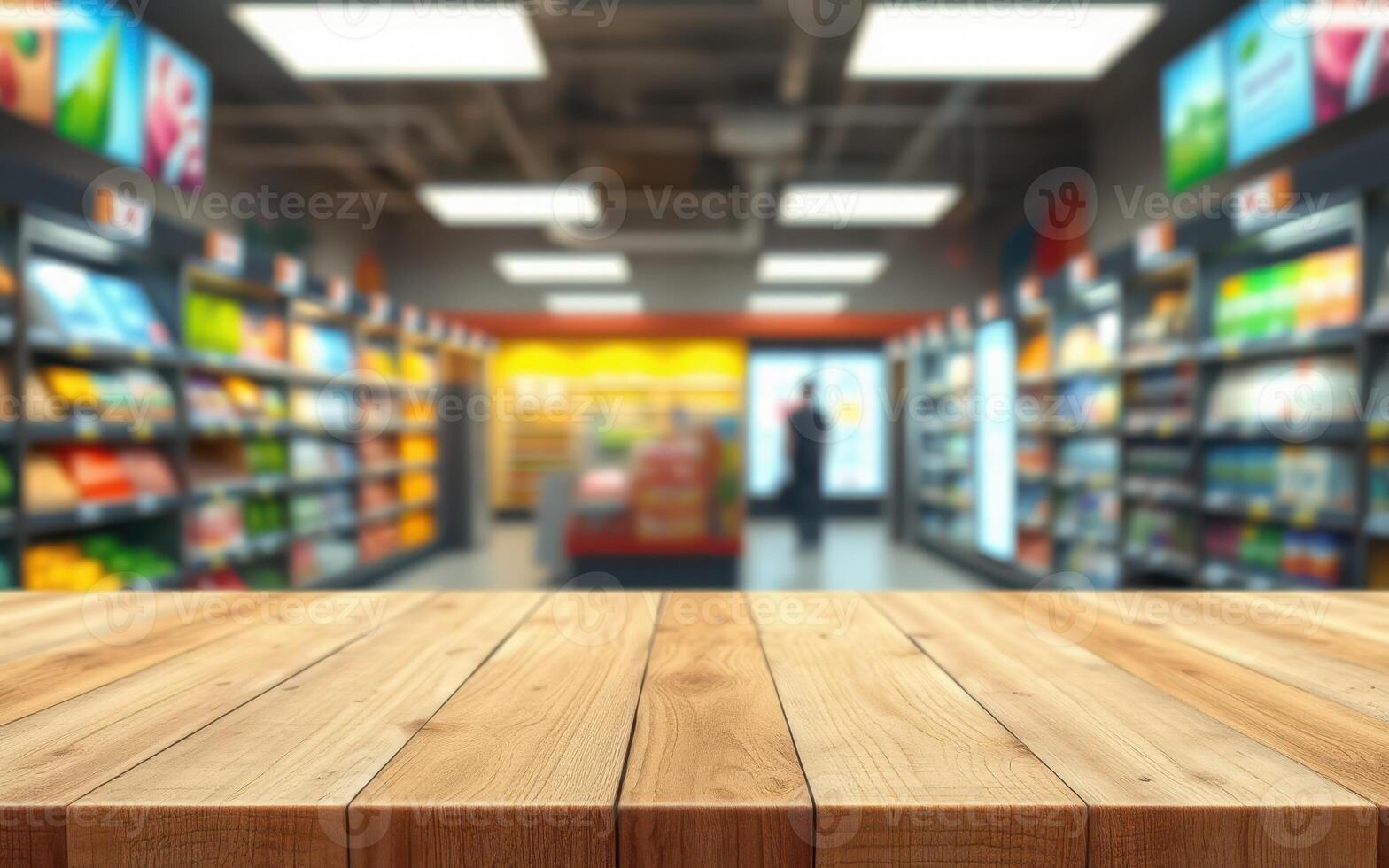 Grocery store interior with wooden counter showcasing products in an organized, well-lit environment photo