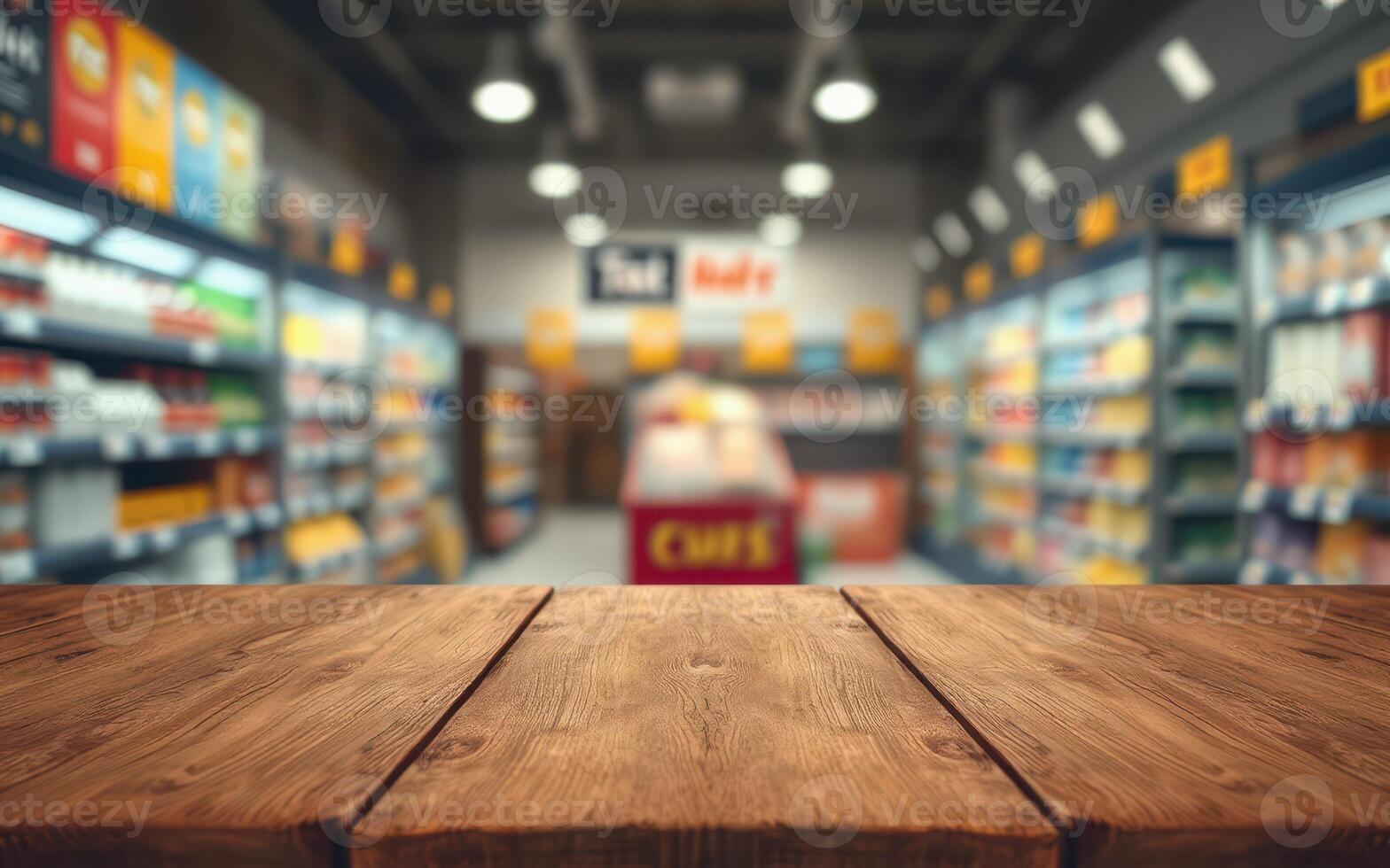 Wooden table view in a grocery store aisle with colorful product shelves in the background photo