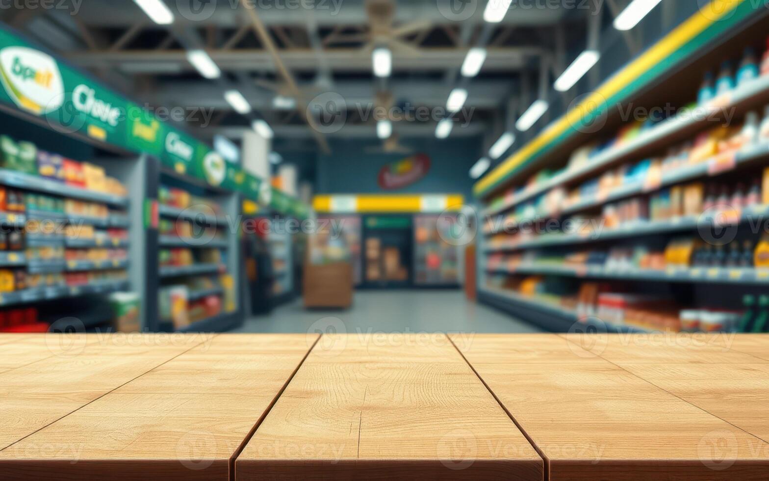 Supermarket interior with wooden table in foreground and product shelves in background during daytime shopping hours photo