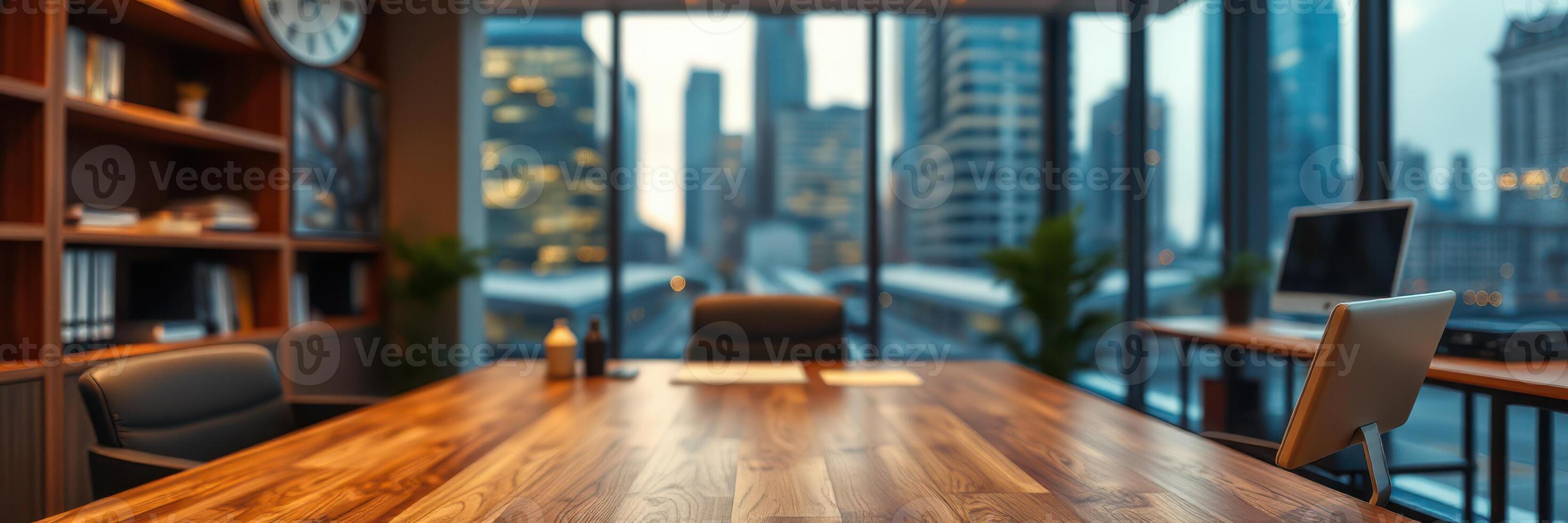 Modern office meeting space with city skyline view during twilight hours enhancing productivity and collaboration photo
