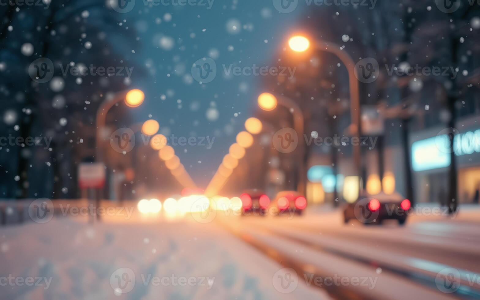 Snowfall creates a serene evening atmosphere on a quiet street in a city during winter photo