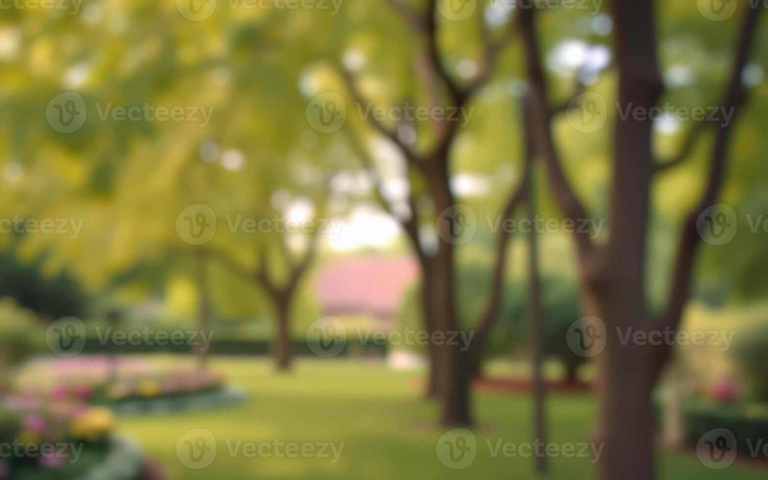 Lush green park with trees and colorful flowers inviting relaxation and nature appreciation photo