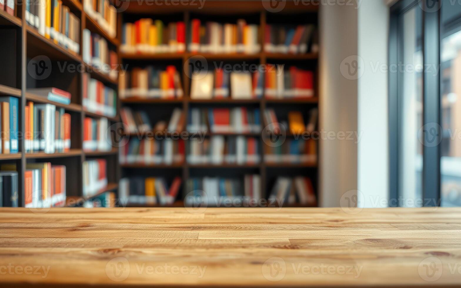 Cozy library with wooden table and bookshelves filled with colorful books in warm lighting photo