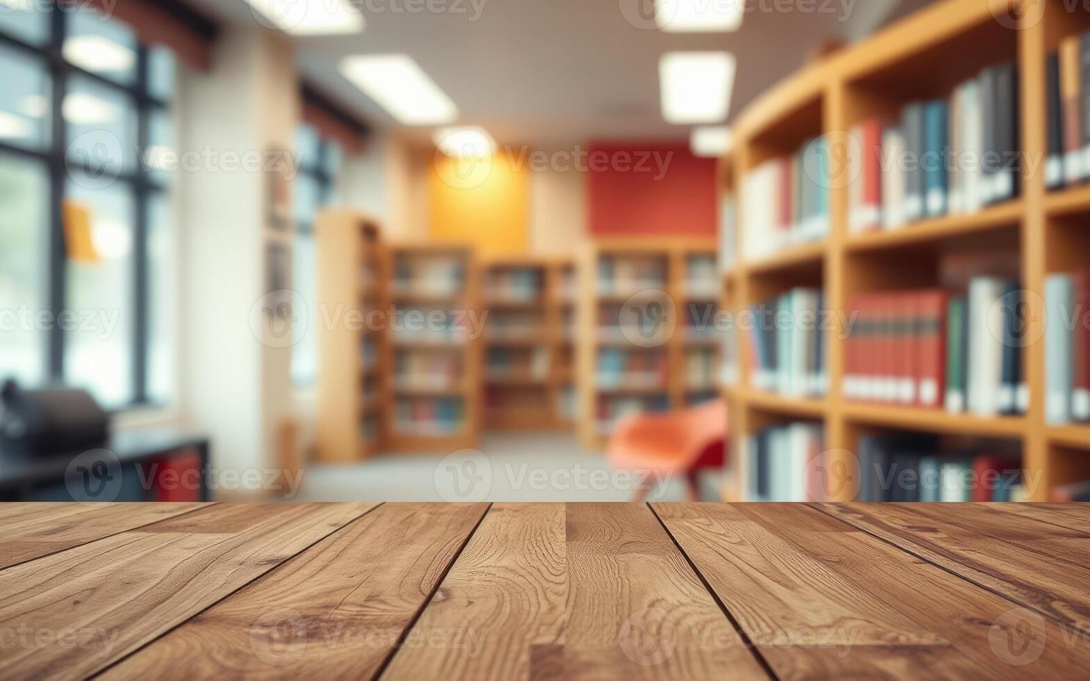 Reading spaces come to life in a cozy library environment with wooden tables and vibrant bookshelves photo