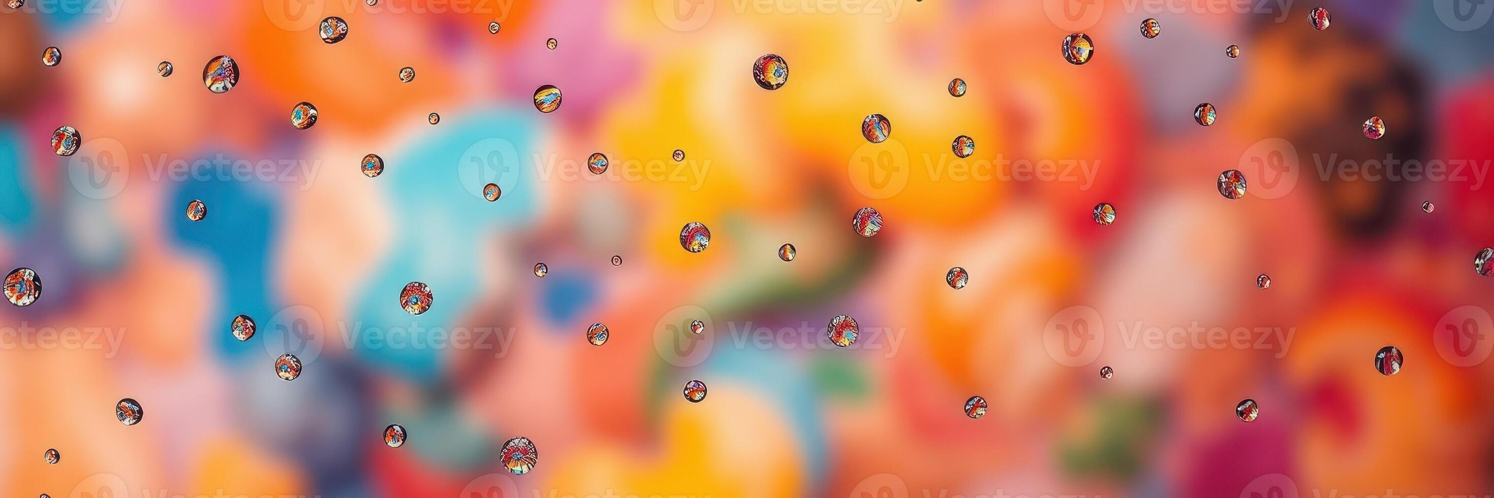 Close-up of water droplets on glass with colorful background and blurred floral patterns photo