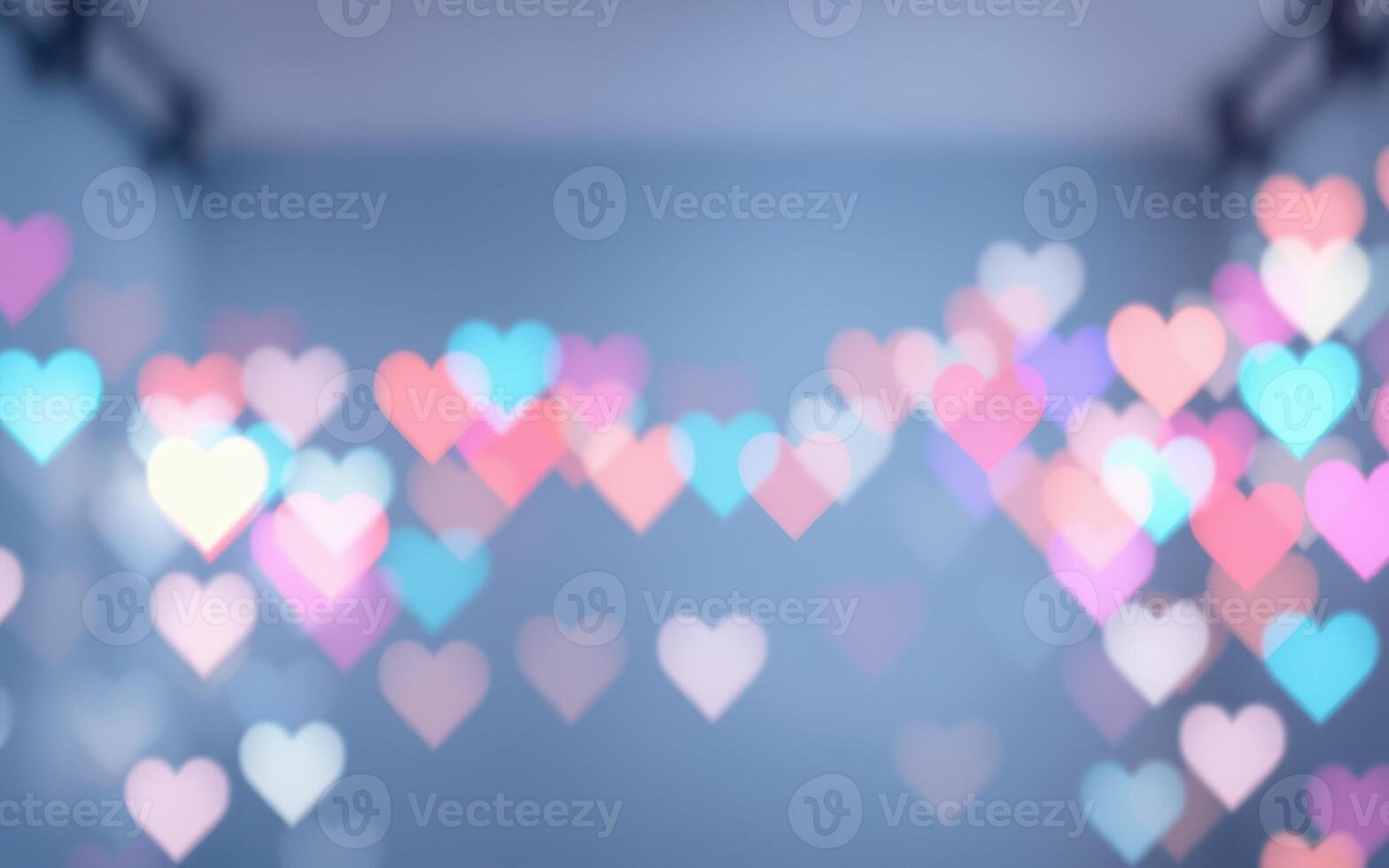 Colorful heart-shaped bokeh lights adorn a festive space for celebrations and romantic occasions photo