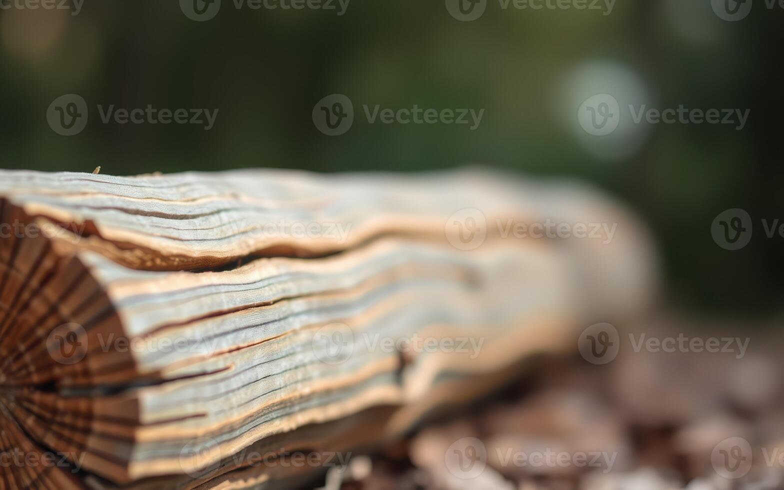 Close view of a weathered log on the forest floor with blurred greenery in the background photo