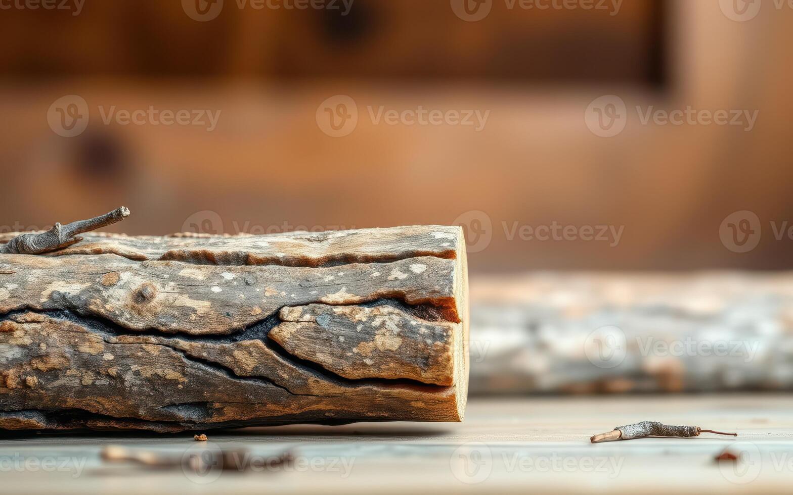 Wooden log centerpiece with rustic texture placed on a wooden surface in a cozy environment during daytime photo