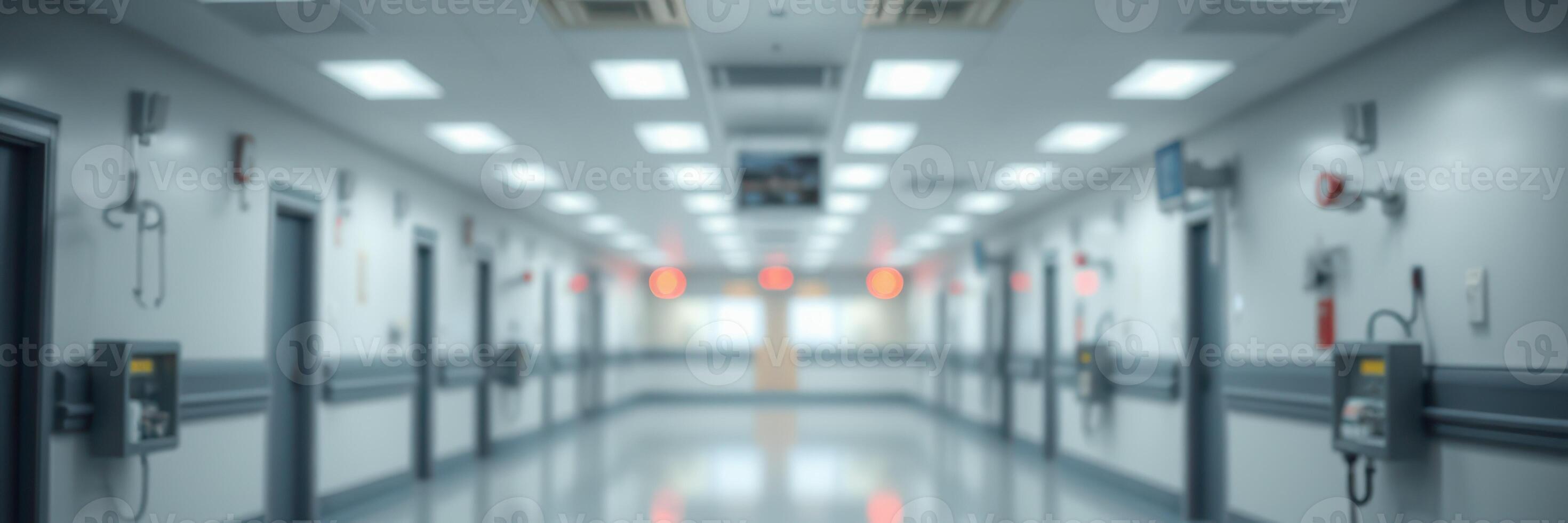 Empty hospital corridor during late evening with bright lights illuminating the space photo