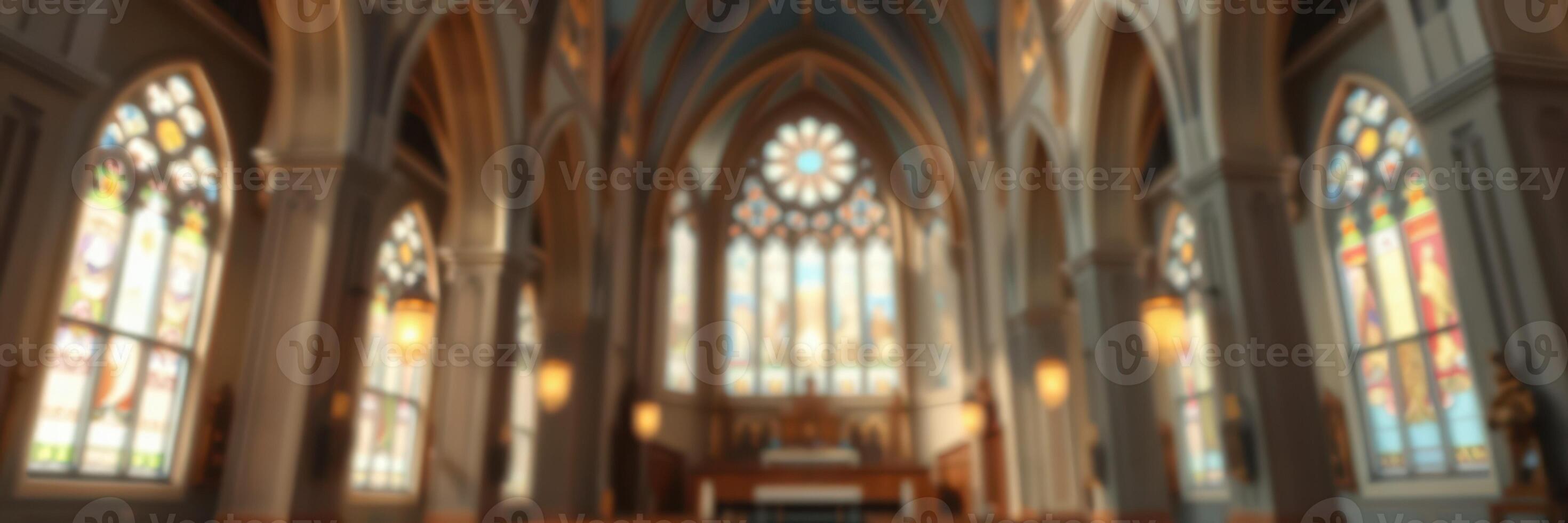 Beautiful interior of a historic church featuring stained glass windows and intricate architecture during golden hour photo