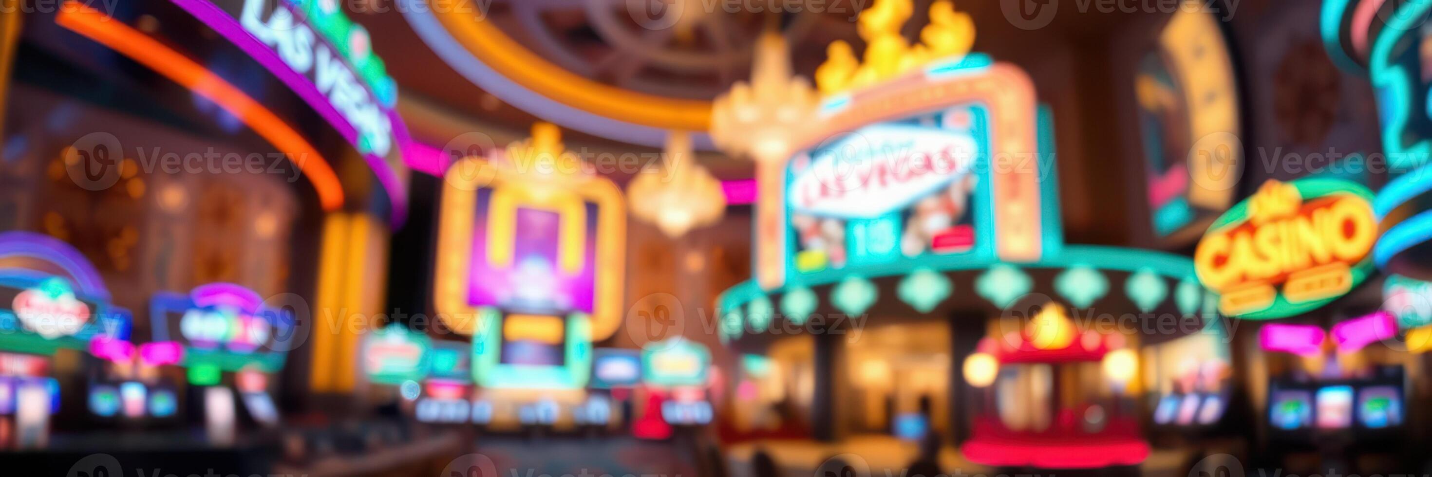 Bright neon lights illuminate a vibrant Las Vegas casino floor at night creating an exciting atmosphere for visitors photo