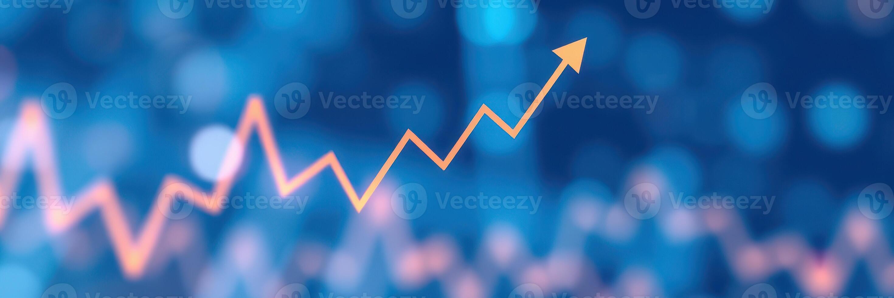 Rising trend line indicating growth in data analytics performance over a blue background with blurred lights photo