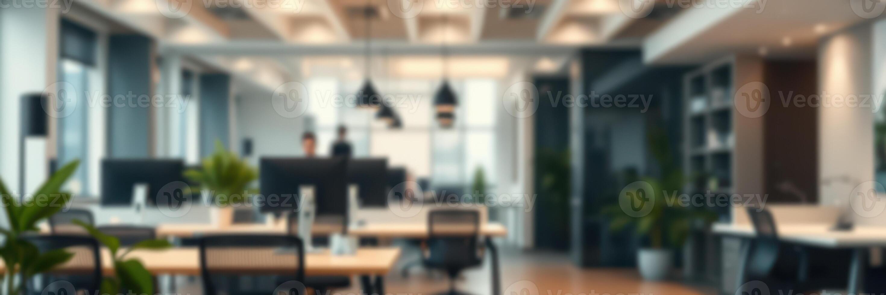 Modern workspace with open layout and greenery during daylight hours photo