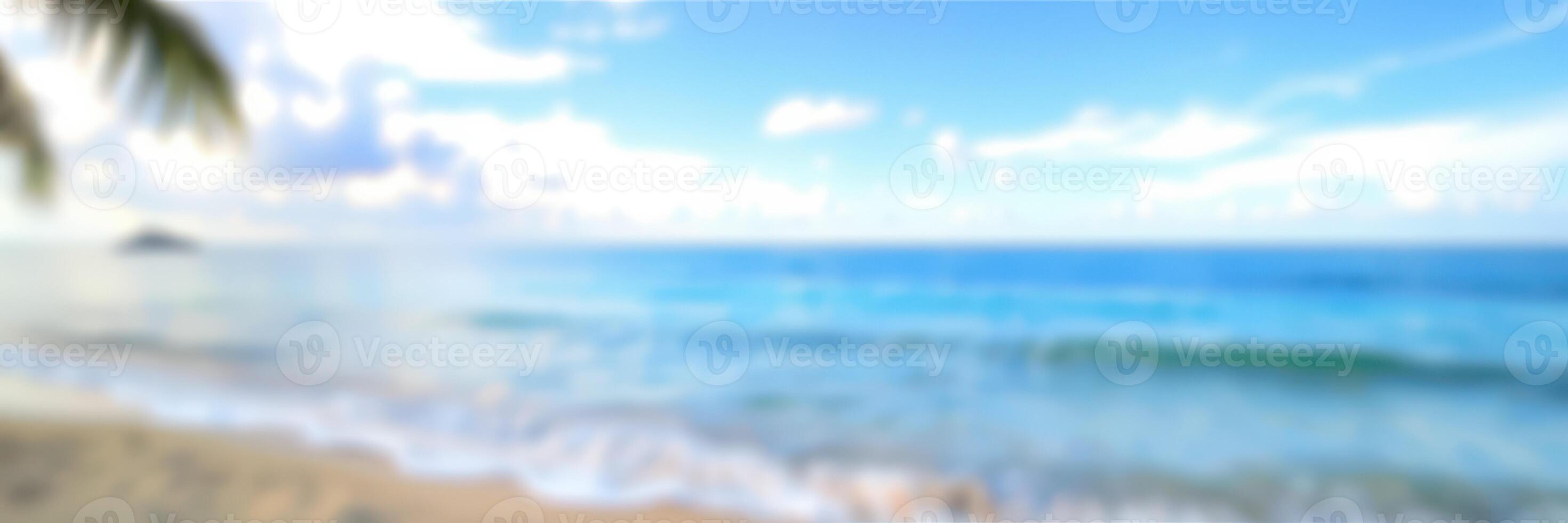 Vibrant coastal view with calm waves and bright sky at midday in a tropical setting with palm trees and sandy beach photo