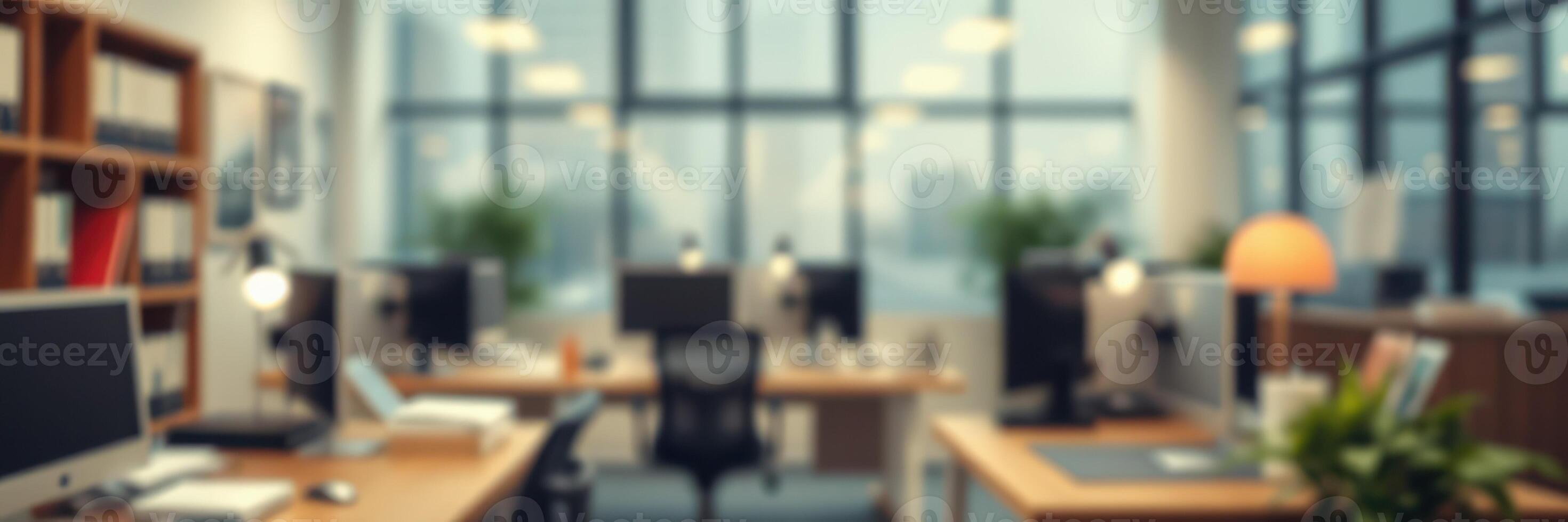 Modern office interior with large windows and multiple workstations during daylight hours in an urban setting photo
