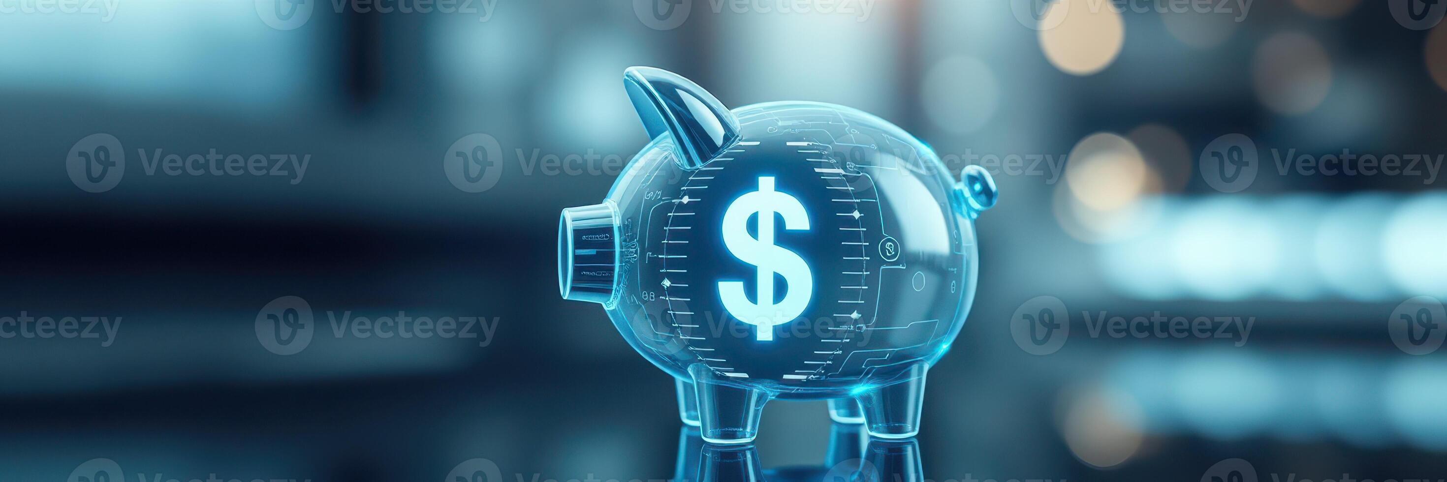 Digital piggy bank with illuminated dollar sign representing modern savings and financial planning photo