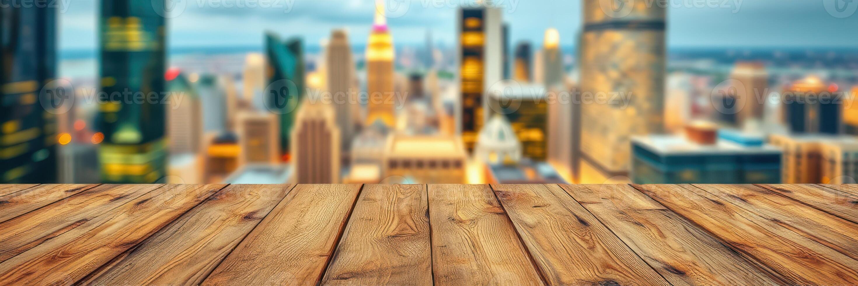 City skyline view with wooden table in the foreground during twilight hours offering a vibrant urban atmosphere photo
