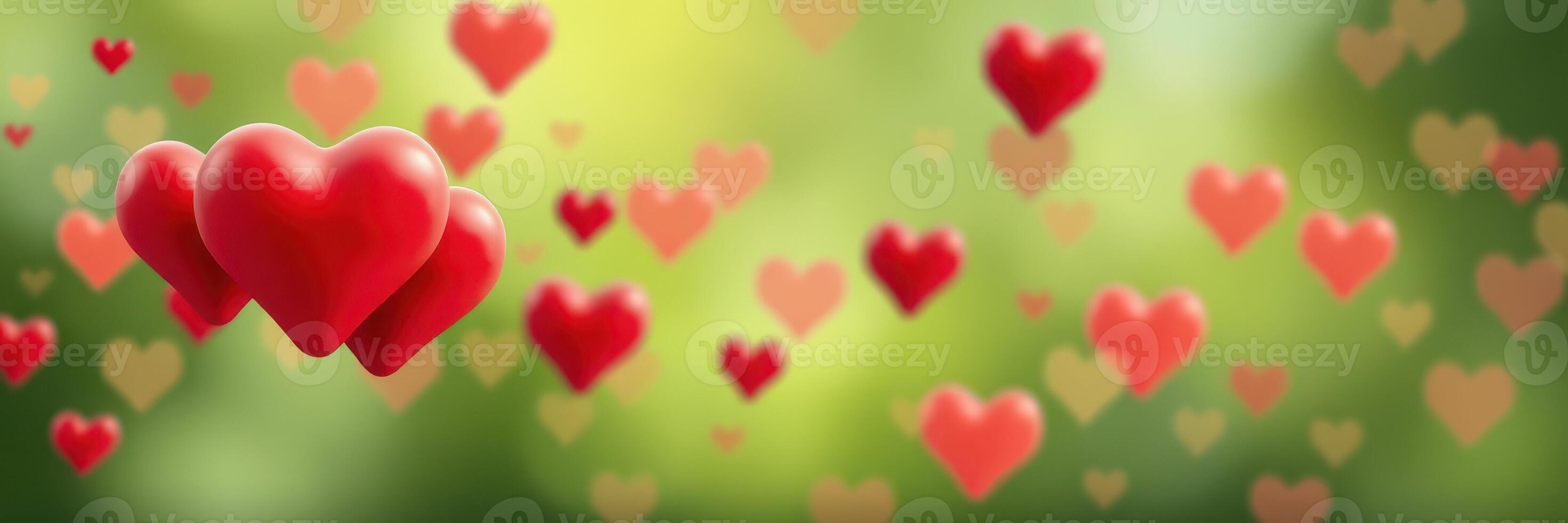 Floating red hearts create a romantic atmosphere in a blurred green background with soft lighting photo