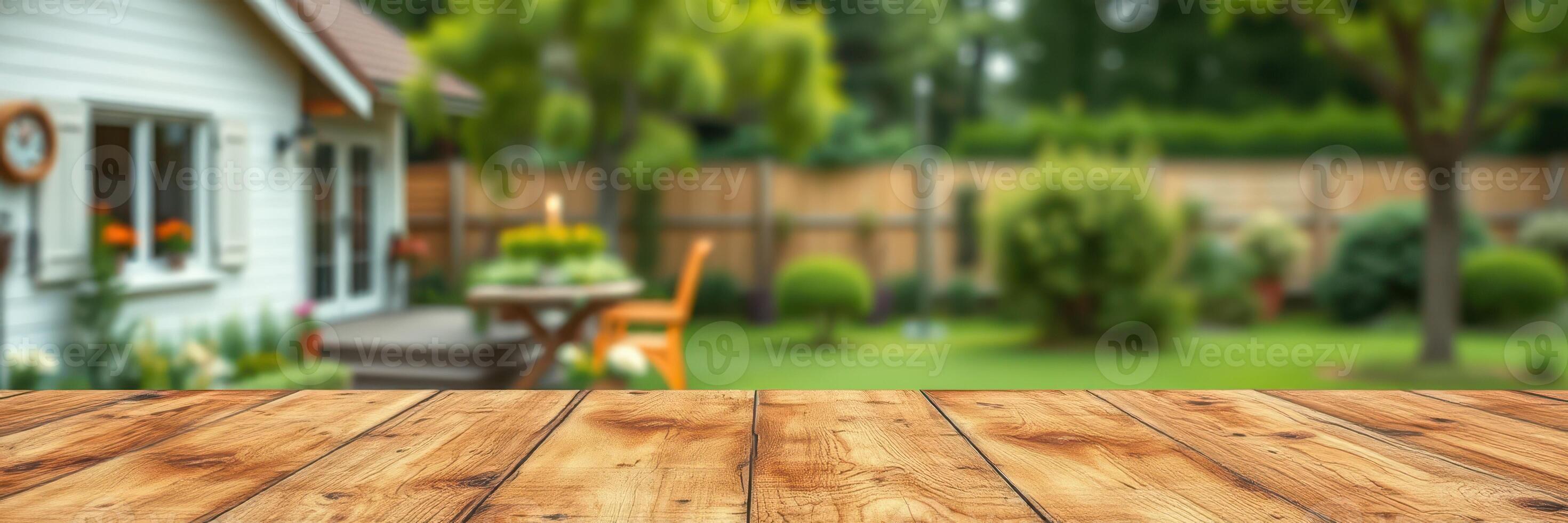 Outdoor garden setting with wooden table and house in the background during a sunny day photo