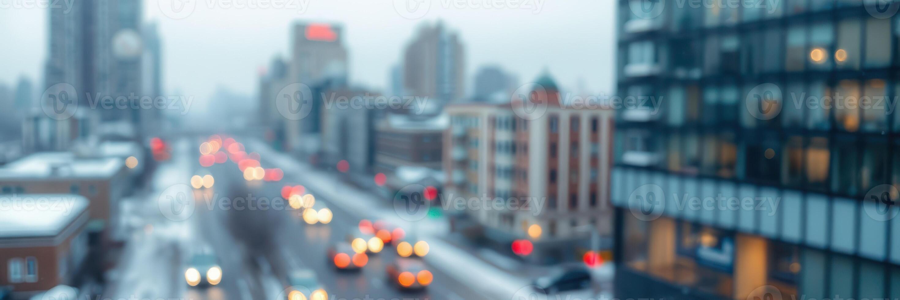Cityscape during winter evening commute with blurred traffic and buildings in urban downtown area photo
