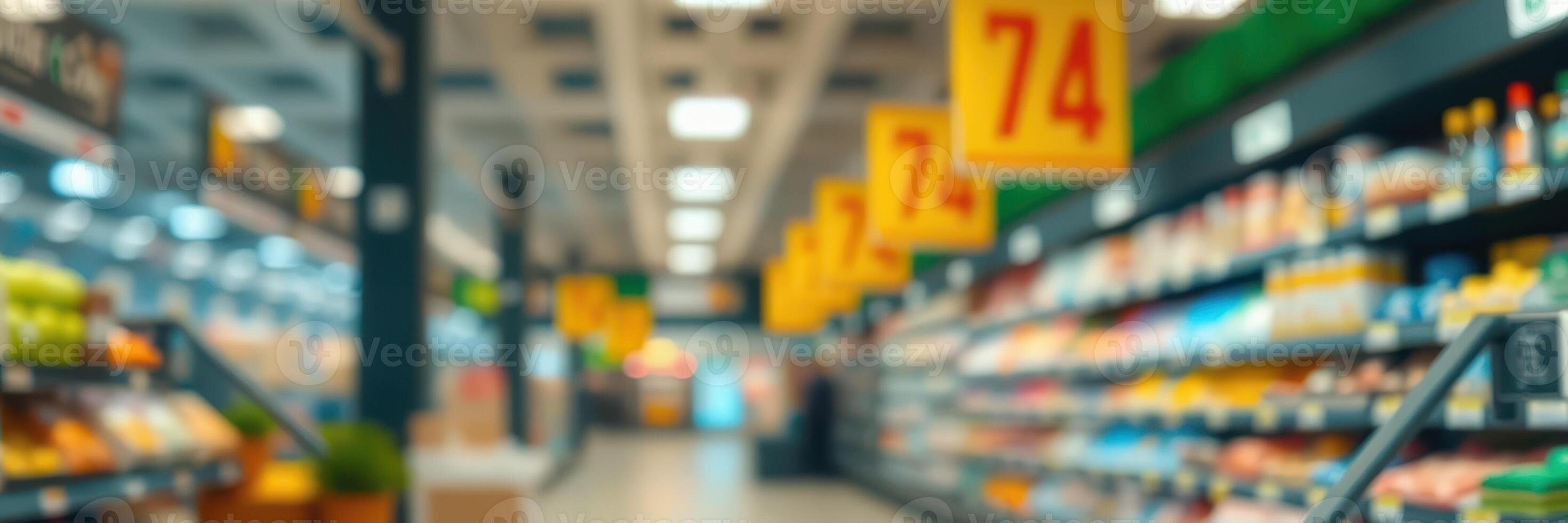 Brightly lit supermarket aisle with colorful product displays and promotional signs during the day photo