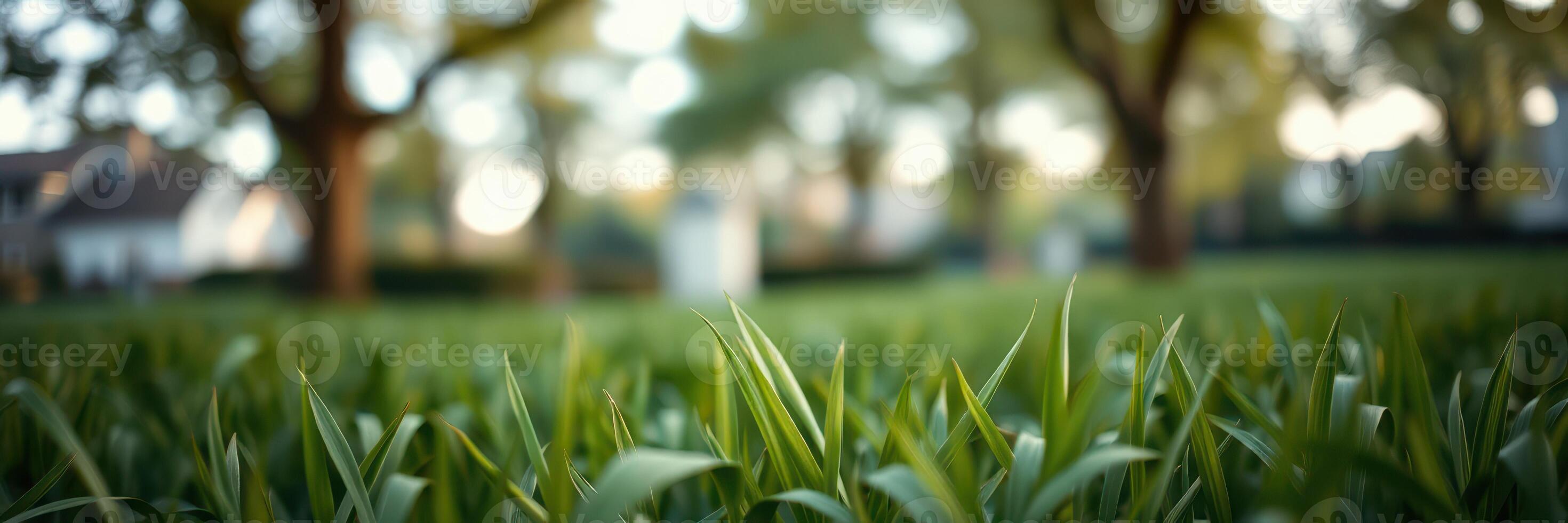 Grass close-up with blurred trees and buildings in the background during late afternoon light photo