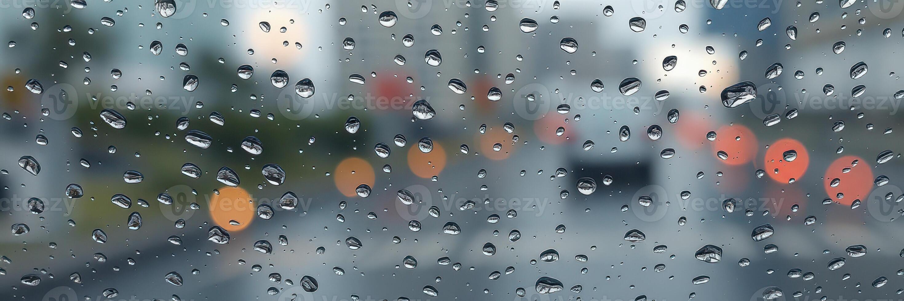 Rainy city street creates a blurred backdrop with colorful lights shining through droplets on a windshield photo